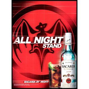 2002 Bacardi Rum Vintage Print Ad All Night Stand Bat Emblem Wall Art Photo